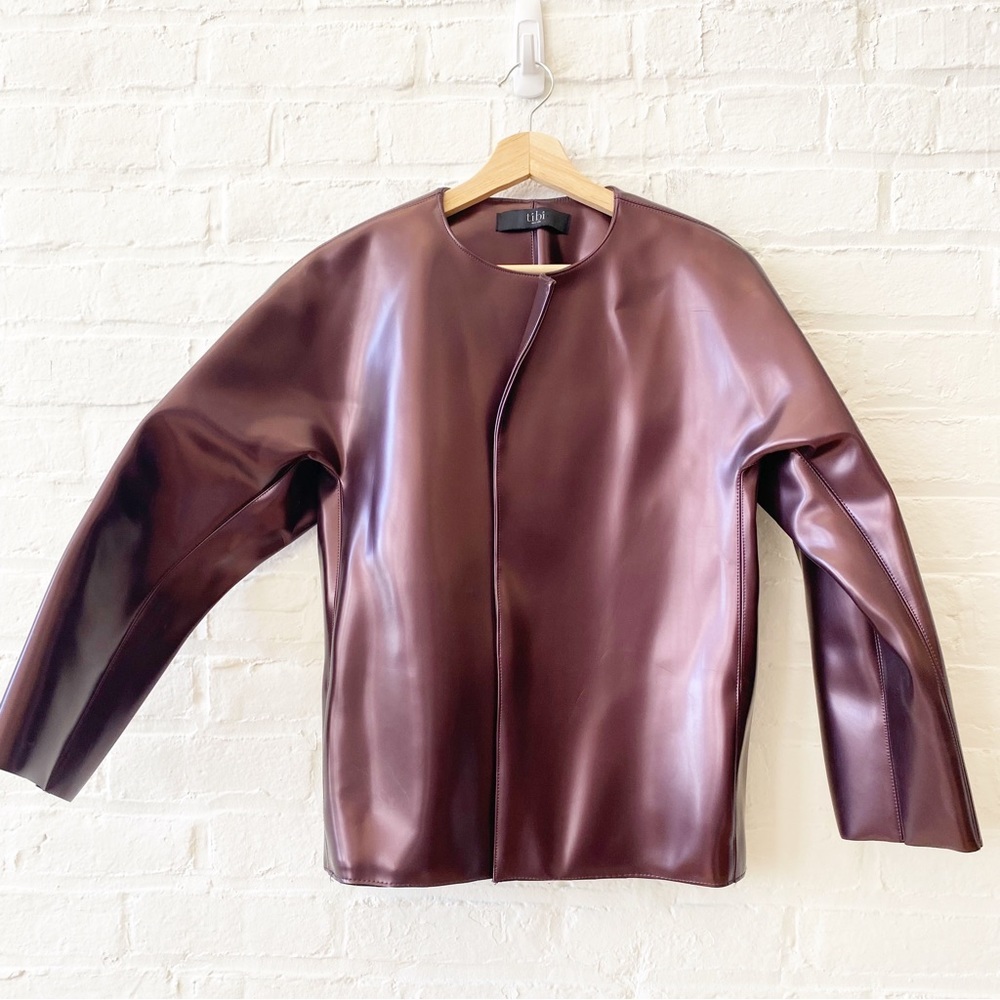 Tibi || Metallic‎ Burgundy Coated Open Front Jacket